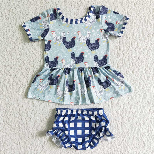GBO0049 Girls Girls Chicken Print Short Sleeve Blue Plaid Briefs Suit