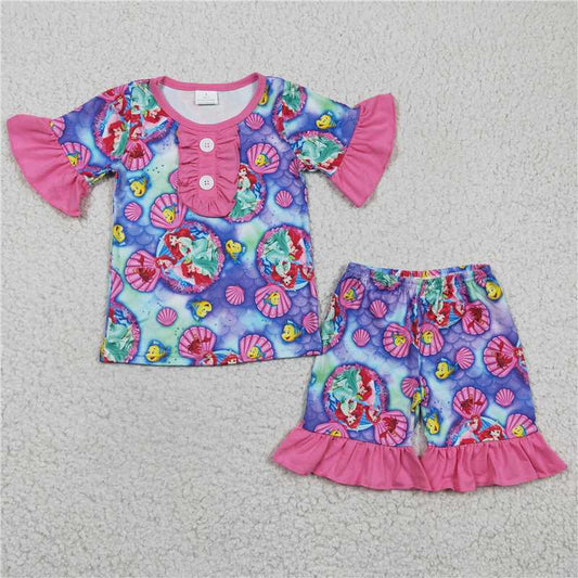 GSSO0152Girl Mermaid Clown Fish Short Sleeve Shorts Suit Purple