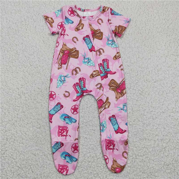 SR0194 Boots Hat Star Pink Short Sleeve Jumpsuit