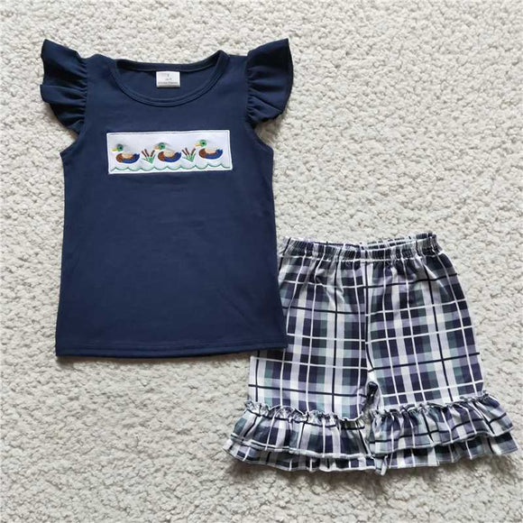 GSSO0156Girl Embroidery Rice Duck Navy Blue Flying Sleeve shorts suit