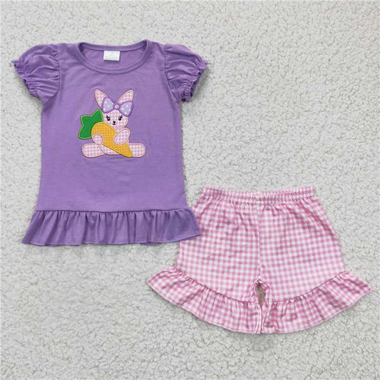 GSSO0126Girls Embroidery Rabbit Radish Short Sleeve Shorts suit purple