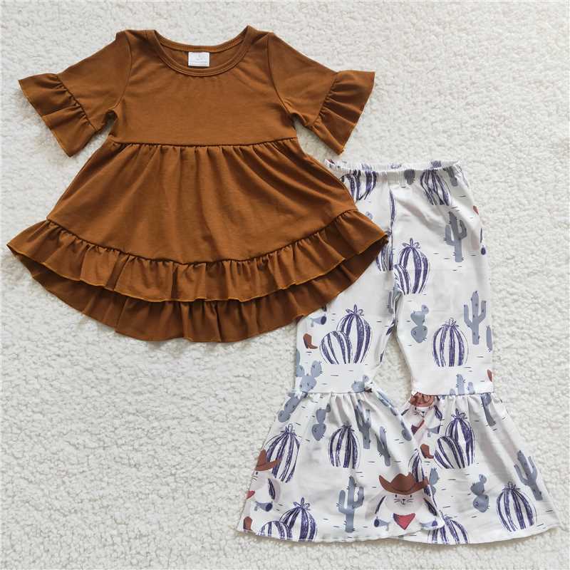 GSPO0242Girls cactus Brown Short Sleeve pant suit