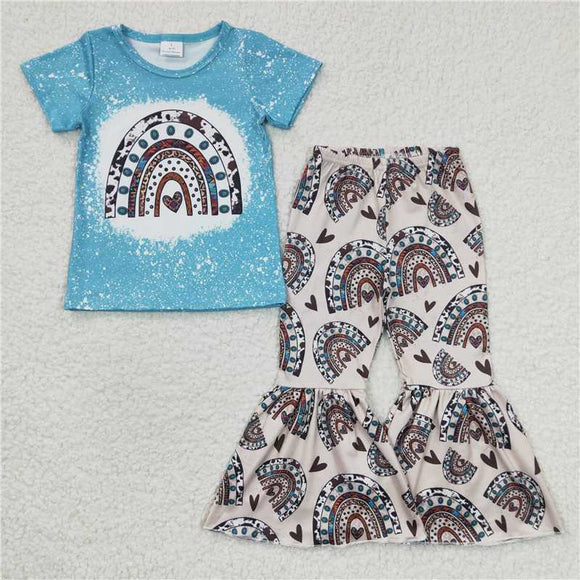 GSPO0338Girl Love leopard print rainbow Blue short sleeve pants suit