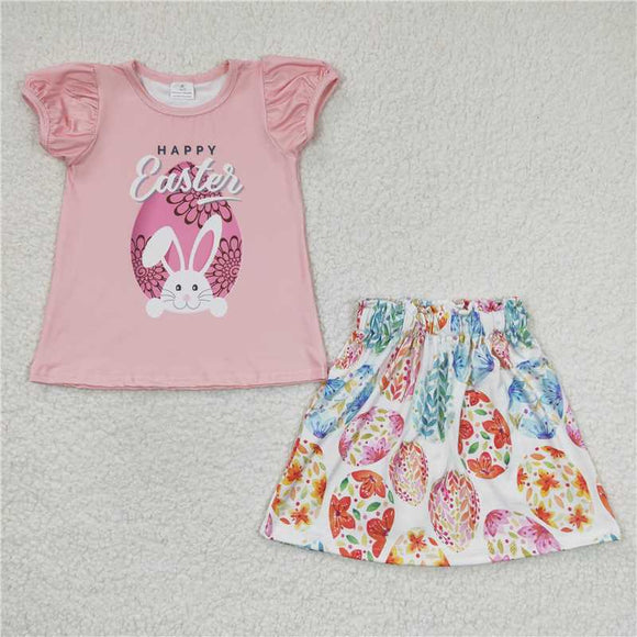 GSSO0167Girls Easter Bunny Egg Pink Short Sleeve Shorts suit