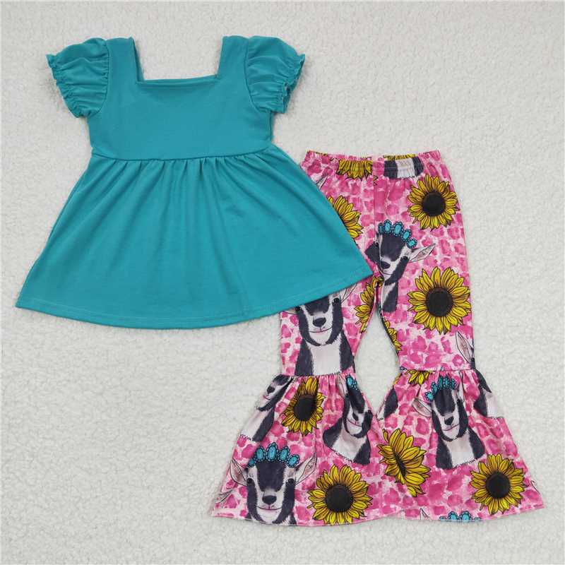 GSPO0345Girl Cow Sunflower Blue Short Sleeve Pants suit