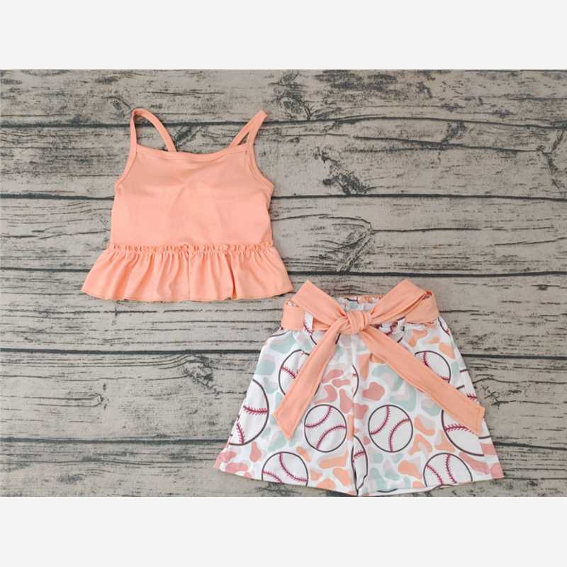 GSSO0172 Girls Baseball Orange Tank Top Shorts Set