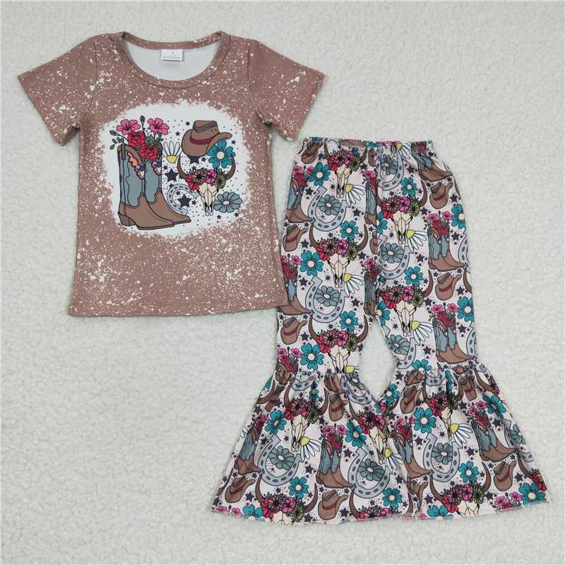 GSPO0290Girl Boots Floral bull head hat Short Sleeve trousers suit