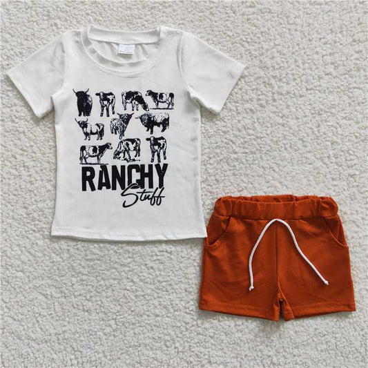 BSSO0191Boy RANCHY Cow White Short Sleeve Brown Shorts suit