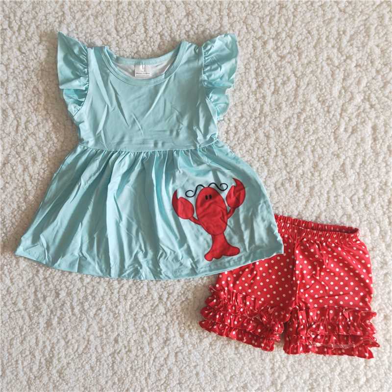 A5-11    Crayfish print blue short-sleeved top with red polka-dot shorts