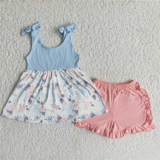 C0-12 Blue and white patchwork print short sleeves with pink shorts