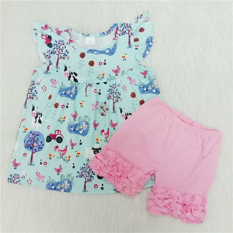 A10-14   Tree Cow Chicken Animal Print Blue Short Sleeve Top with Pink Shorts