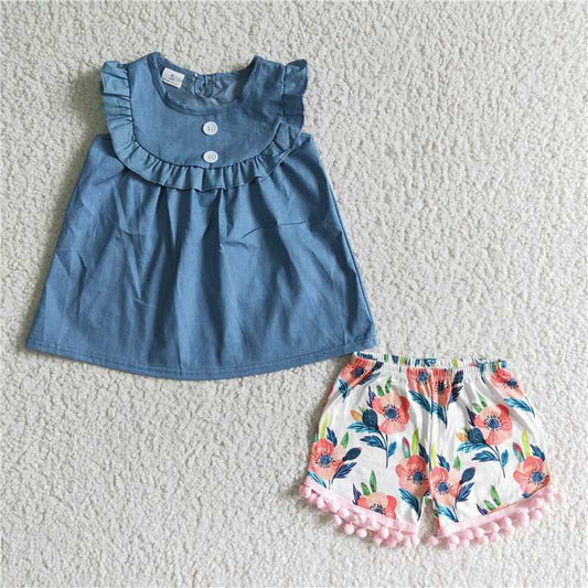 A8-4 Denim Button Short Sleeve Top with Floral Shorts