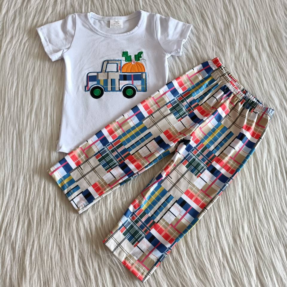C1-22   Pumpkin car print short-sleeved top with plaid trousers set