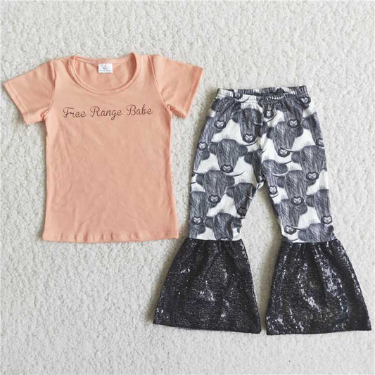 C13-5  Letter-print short-sleeved top with cow-head-print flared trousers