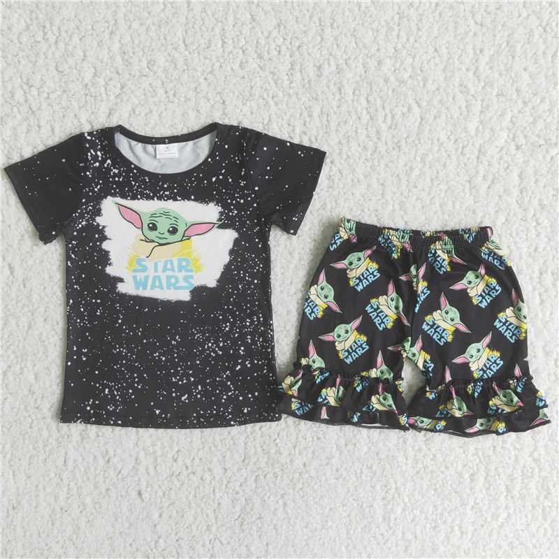 C9-24 New Movie Character Printed Short Sleeve Black Top with Printed Shorts