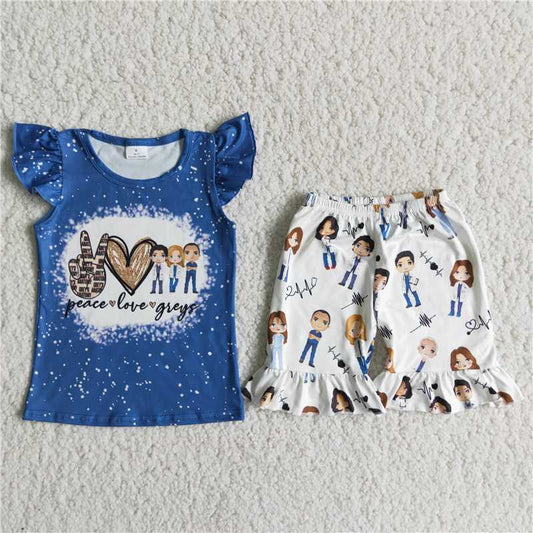 D11-30   Heart Gesture Print Short Sleeve Top with Anime Movie Character Print Shorts