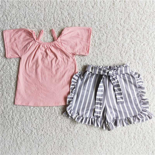 D7-28 Pink short-sleeved suspender top with grey and white striped shorts set