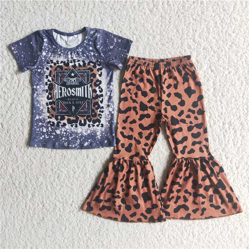 RTS NO MOQ（In Stock) D5-20  Alphabet short-sleeved top with leopard-print flared pants