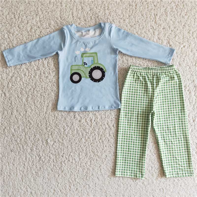 6 C11-19  Tractor-print blue long-sleeve top with plaid green trousers