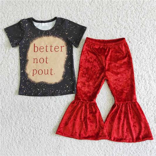 D2-19 Black lettered short-sleeved top with red velvet flared pants