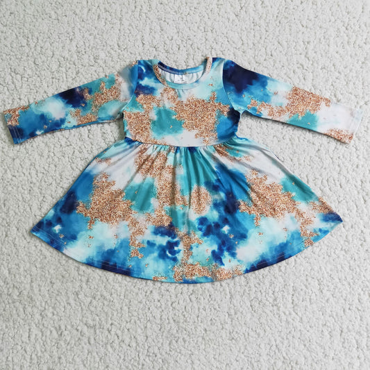 6 A6-18 Girls' Blue Ink Dyeing Long Sleeve Dress