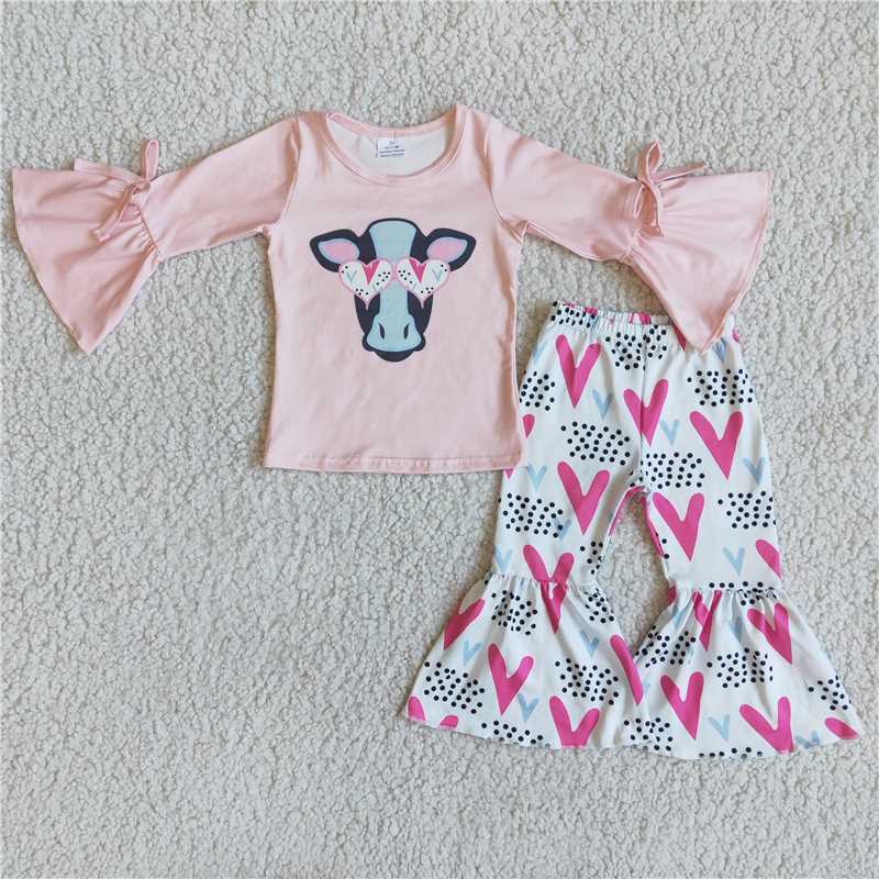 6 A15-29  Valentine's Day Cow Pattern Pink Long Sleeve Top with Hearts