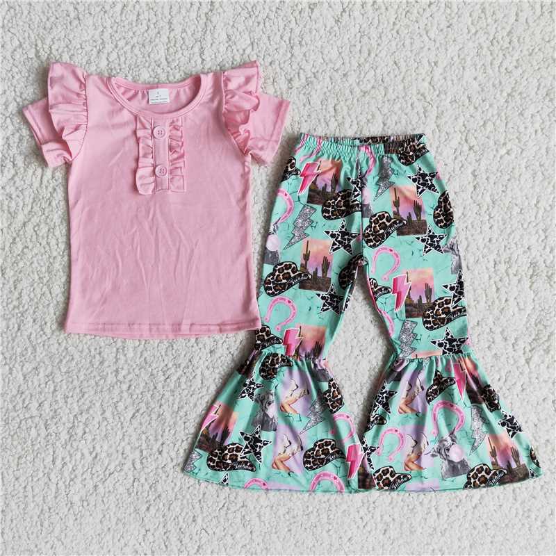 B2-11Wholesale price summer pink short sleeve leopard print hat lightning flare pants suit boutique suit