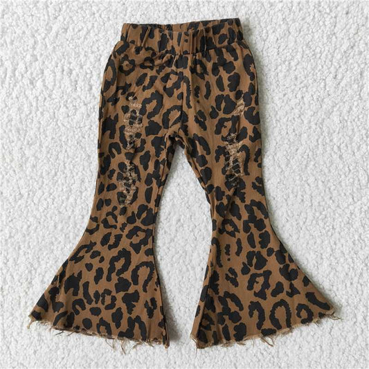 B3-28 Brown Leopard Print Denim Flared Bottoms