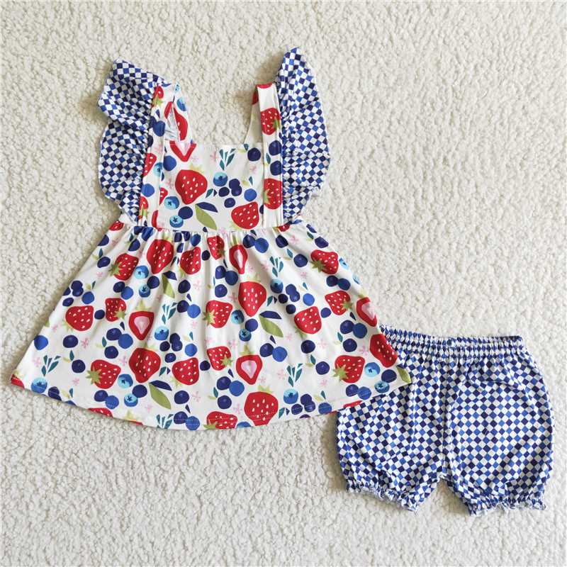 C3-27 Strawberry, blueberry print short-sleeved top with blue and white plaid shorts