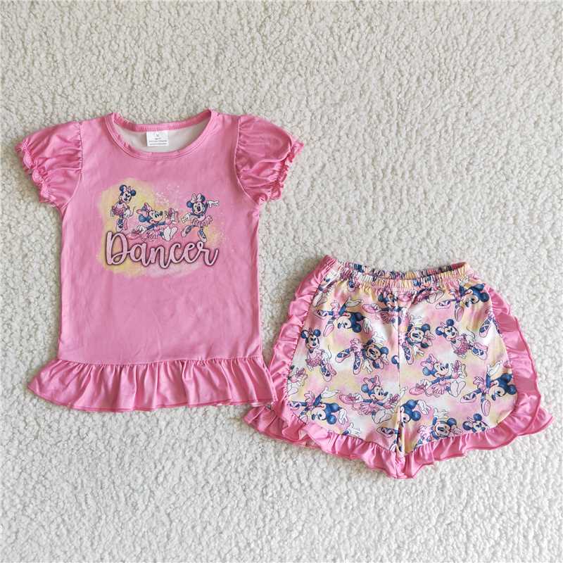 B7-12  Pink Short Sleeve Top with New Anime Movie Print Shorts