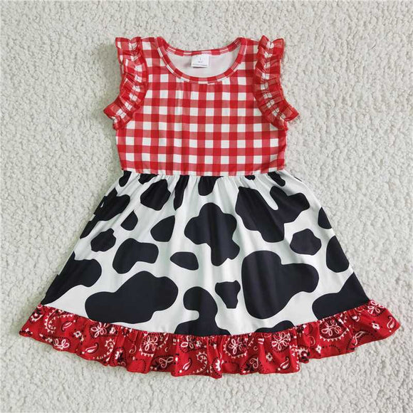 GSD0015 Red and white plaid stitched cow spot print dress