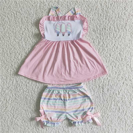 GSSO0012 Popsicle embroidered pink halter top with colorful striped bow shorts