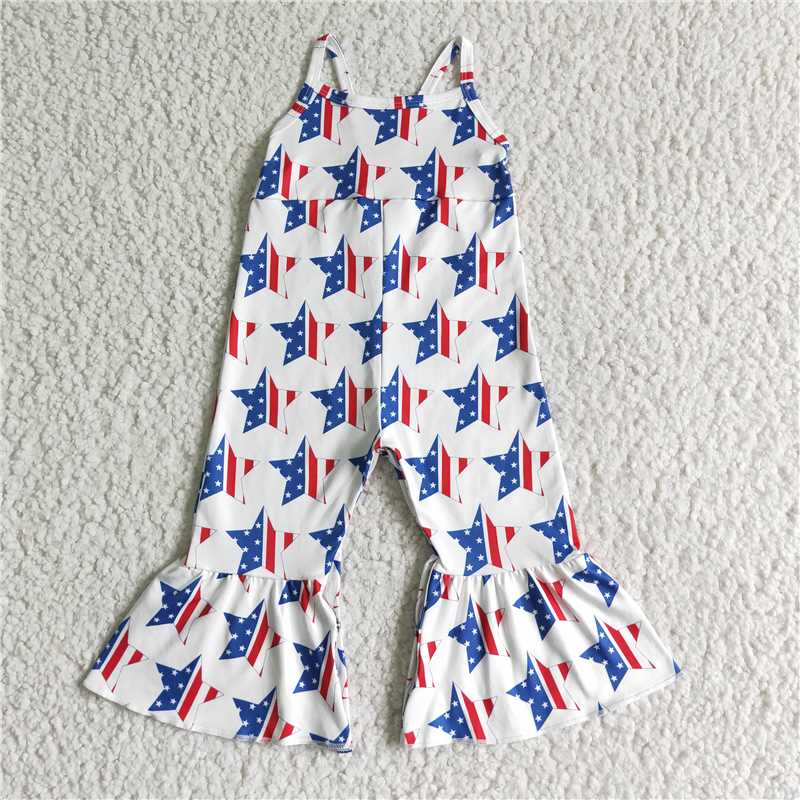 SR0057 Girls White National Day Stars Sling Jumpsuit