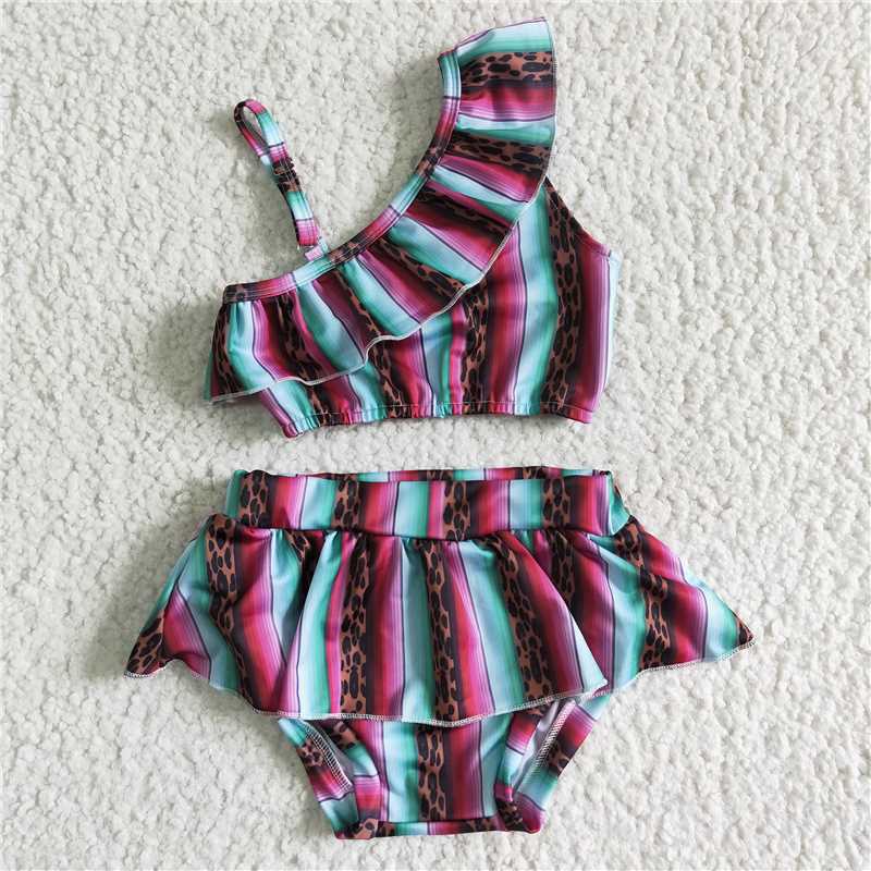 S0022 Girls Leopard Print Color Stripe Suspenders Briefs Swimsuit Set