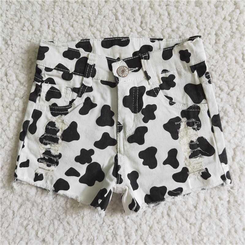 SS0027 Cow print frayed button denim shorts