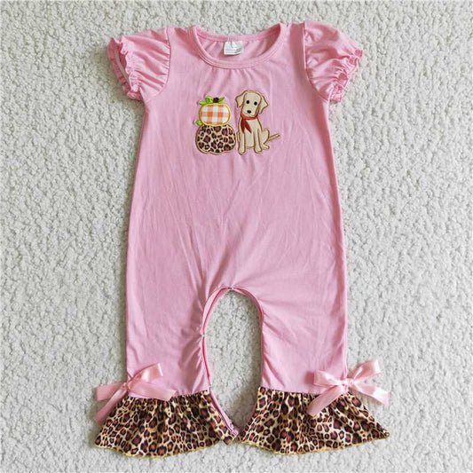 SR0068 Girls Embroidered Leopard Print Pumpkin Dog Pink Short Sleeve Bodysuit