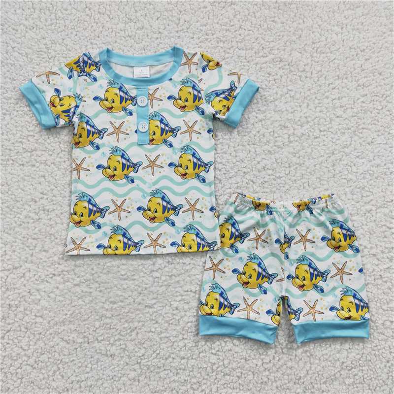 BSSO0114Boy Clown Fish Starfish Blue short Sleeve Shorts suit