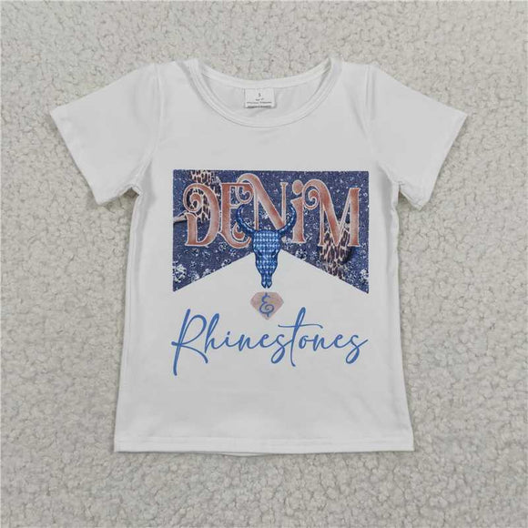 GT0133Girl DENIM Blue bull head White Short Sleeve Top