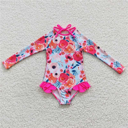 S0083Wholesale price spot girl Rose red flower long-sleeved boutique fashion cute boutique one-piece swimsuit