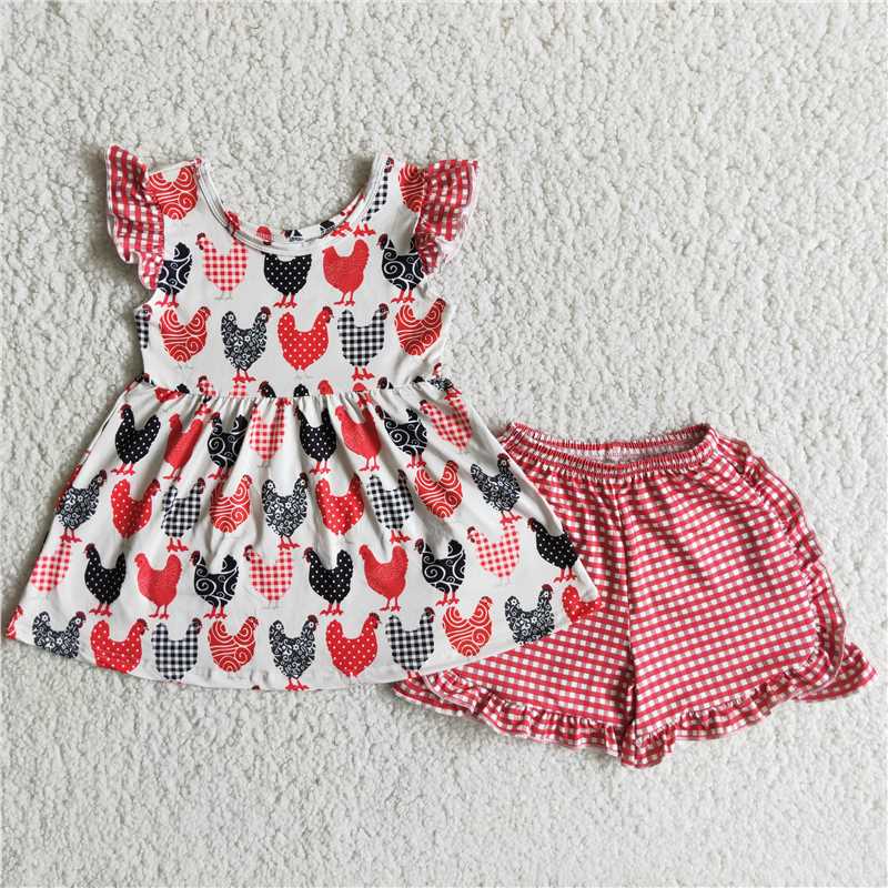 A3-22   Rooster print short-sleeved top with red and white plaid shorts