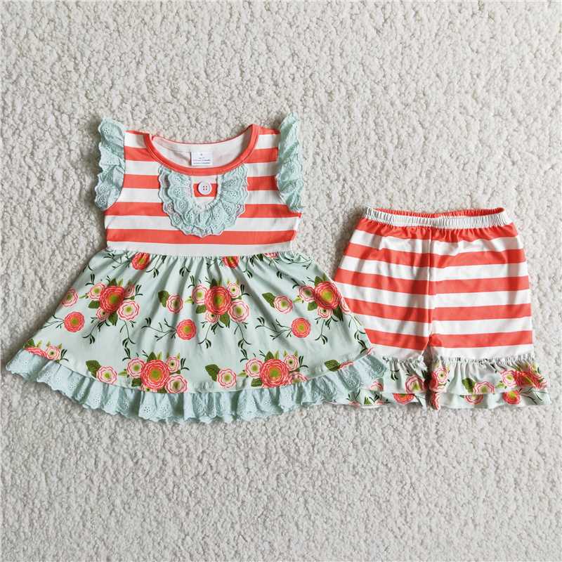 A17-3  Orange and White Striped Patchwork Print Short Sleeve Top with Shorts