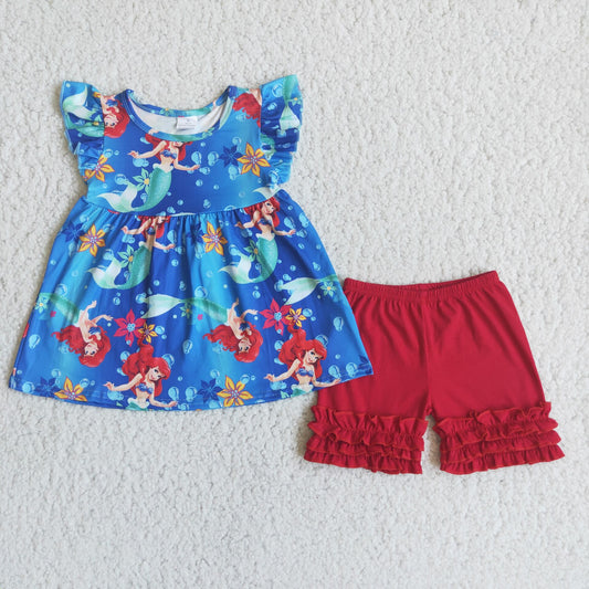 D4-12 Long-haired little girl print blue short-sleeved top with red shorts