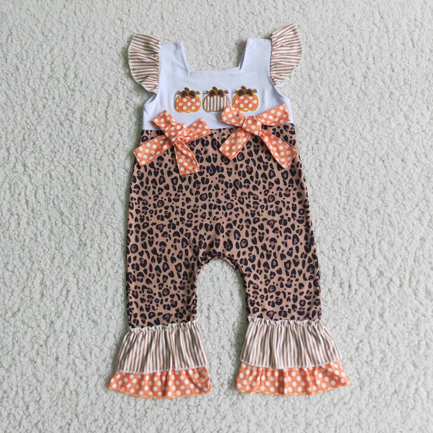 D1-15  Pumpkin Embroidered Panel Leopard Print Jumpsuit