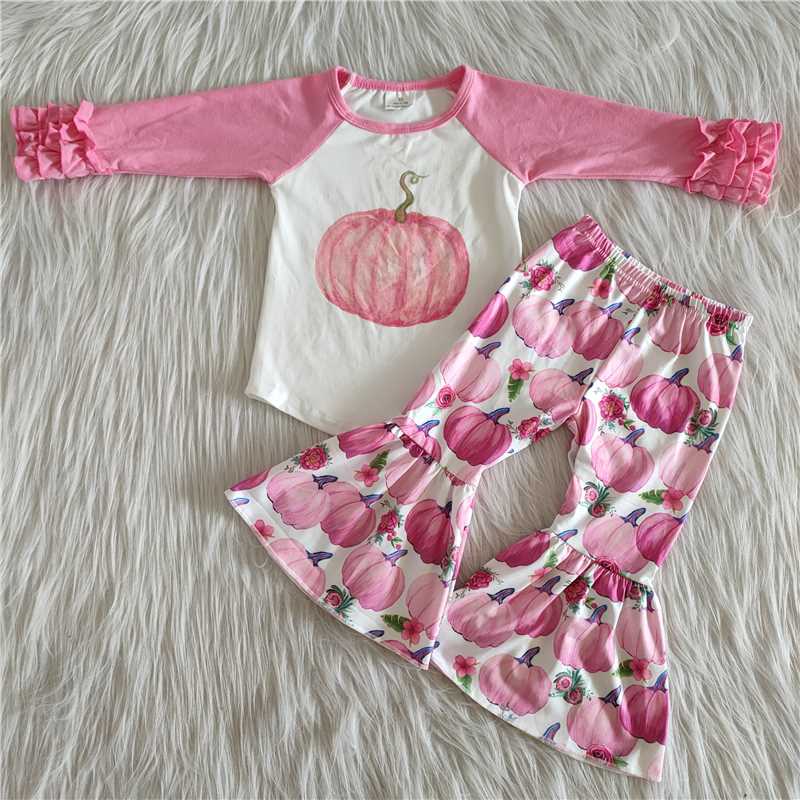 6 A8-30   Girls' Pink Pumpkin Long Sleeve Pants Set