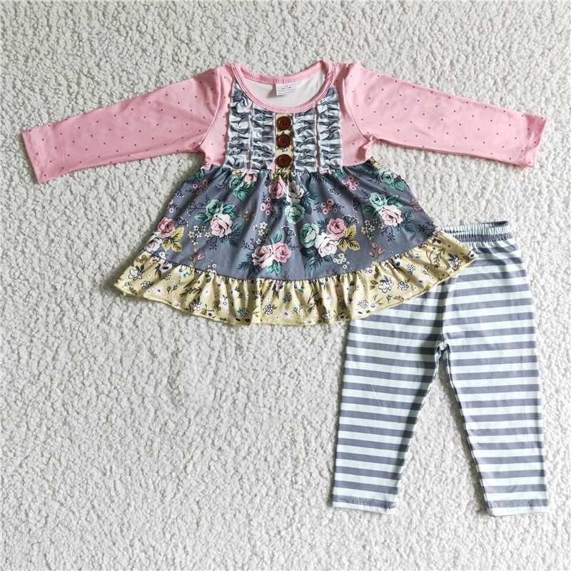 6 B0-17     Girls Autumn Flower Pink Long Sleeve Striped Suit