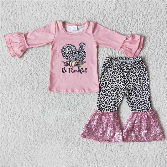 6 B5-1   Pink Pumpkin Print Long Sleeve Top with Leopard Patchwork Pink Sequin Flared Pants