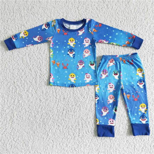 6 B11-19   Shark Pattern Blue Long Sleeve Trousers Suit for Boys