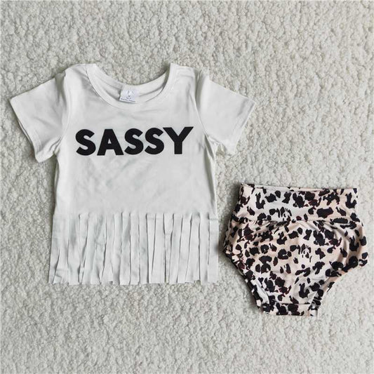 B8-10 Girls sassy letter fringe short sleeve leopard print thong suit