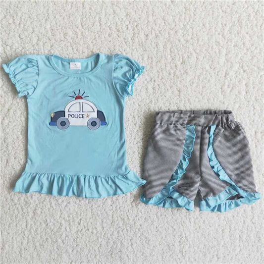 C15-38  Blue Puff Sleeve Embroidered Short Sleeve Top with Shorts