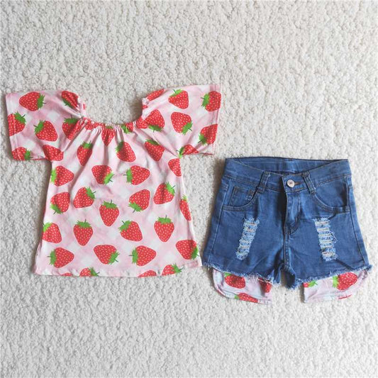 D8-29 Strawberry Print Pink Short Sleeve Top with Denim Shorts